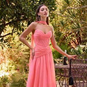 New Strapless Coral Bridesmaid Dress w/ Pleated Draping & Corset Bodice CD395